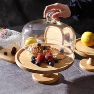 木質蛋糕展示托盤高腳托臺甜品玻璃罩透明水果點心面包試吃盤帶蓋