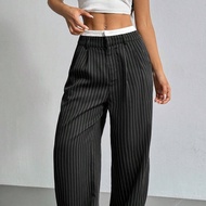 Bubu quần ống rộng cạp cao thanh lịch màu xanh có thiết kế sọc cho nữ