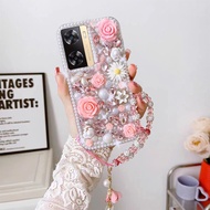 Rhinestone Phone Case Oppo A57 2022 A77S A96 A95 A76 A74 5G A54 A55 A94 A92 A52 Phone Case Luxury Bling Glitter Diamond Pearl Rhinestones Flower Phone Case with crystal wristband Chain For Lady Girls