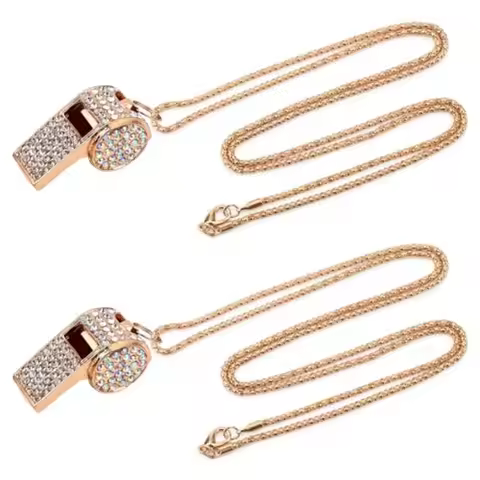 2pcs Bling Whistle Crystal Rhinestone Necklace Metal Golden Bling Loud Crisp Sound Whistle with Chai