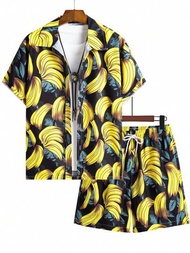 男士夏季香蕉印花短袖t恤和短褲套裝,適用於度假