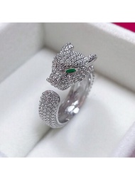 1入流行的鑽石鑲嵌豹形戒指,綠寶石眼睛裝飾,非常適合女性和男性作為日常佩戴或送給朋友作為禮物