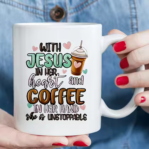 11oz Ceramic Mug - 'with Jesus in Her Heart and Coffee in Her Hands, She Is Unstoppable' Christian-T