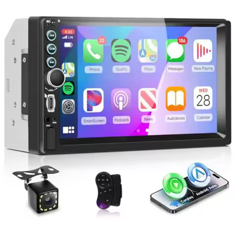 Double Din Car Radio for automotive use, ABS plastic, black, wireless CarPlay Android Auto YouTube s
