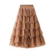 1219 Cake Skirt Autumn Mesh Long Half Skirt Versatile Mesh Patchwork Puff Skirt One Size (45-75kg)