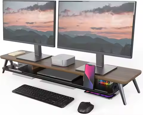 Dual Monitor Stand Riser for 2 Screens, 42.5 Inch Wood Desk Shelf with Storage and Cable Management