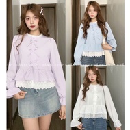 Women's shirt A.717, babydoll lace round neck shirt with lace flap and 3 cute vertical bows - Polka 