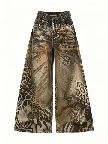Women's Brown 3D Print Leopard Jeans Vintage Hiphop Grunge Y2k Gyaru Punk Jeans Pants Baggy Wide Den
