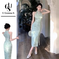 U Gonna S Women Dress Long Cheongsam Modern Green Plus Size Sleeveless Sexy Chinese Collar Fashion E