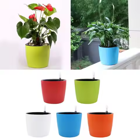 Round Self Watering Planter Wicking Pots with Water Level Indicator for Indoor Golden Ivy African Vi