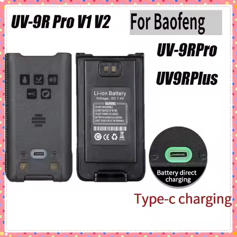 For Baofeng Walkie Talkie UV-9R pro V1 V2 Battery Type-C Rechargable Battery With Type-C Charging Fo