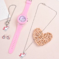 5PCS Unicorn Children's Watch & Bracelet & Necklace & Earrings Nightglow Silicone Girl Watch Childre