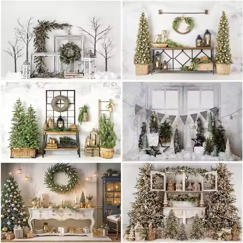 LS Photography Backdrop Winter Indoor Xmas Wreath Window Display Christmas Holiday Family Portrait P