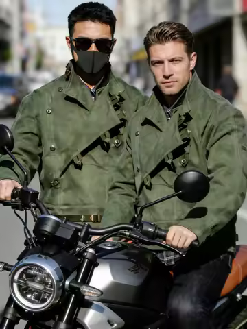 2pcs retro Swedish motorcycle jacket, men's military green cropped jacket, 100% cotton canvas workwe