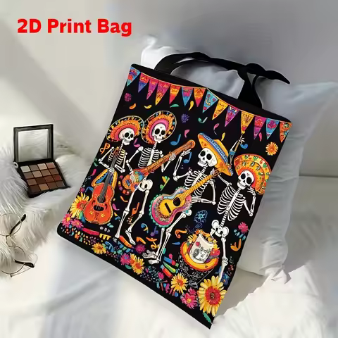 1pc Vibrant Mexican Day of The Dead Tote Bag - Colorful Skeleton Guitar Floral Print Reusable Polyes