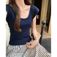 [Invoices Available🔥Sold 6.6w] Blue Large Neckline Exposed Clavicle Sexy Short-Sleeved Slub Cotton S