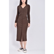 ((S) beigy Textured Cotton Long-Sleeved Knitted Buttoned Brown Dress Second-Hand Clothes