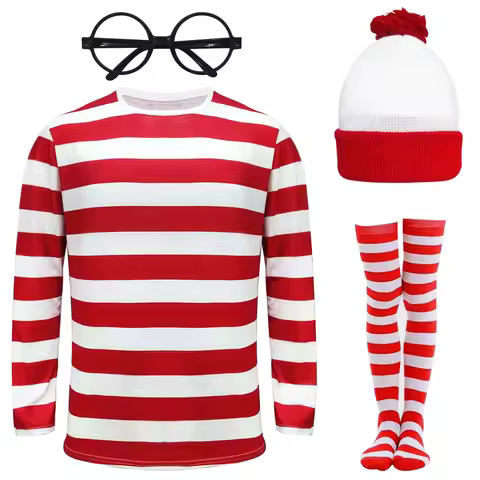 Wheres Waldo Striped Shirt Kids Boys Wally Costume Shirt Glasses Hat Socks Unisex Adults Halloween C