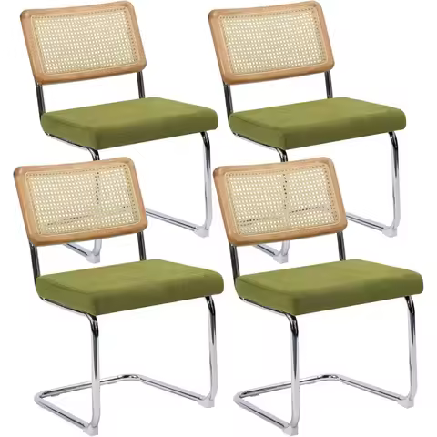 Modern Cesca Cane Dining Chairs, Set of 4, Handwoven Rattan Cane Back, Chrome Base, Upholstered Cott