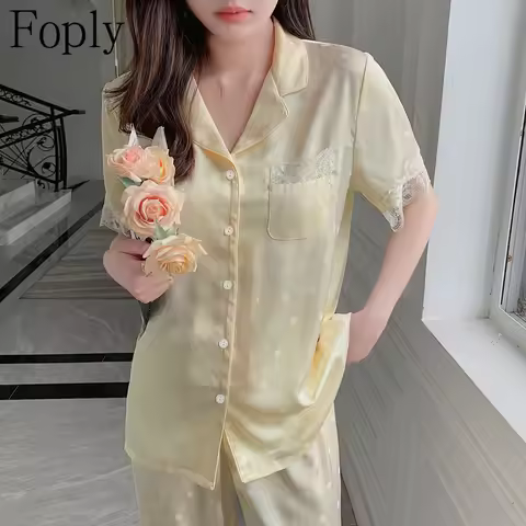 Dot Yellow Woman Pyjamas Spring Summer 2 Piece Pajama Faux Silk Satin Sleepwear Short Sleeve Pants P