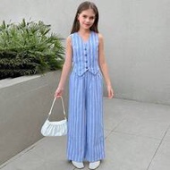 Tween Girls Blue And White Stripe Summer It Girl 2 Pieces Set,Vest&Relaxed Fit Pants,Casual Versatil