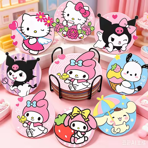 8Pcs Hello Kitty Characters Diamond Painting Coaster Kit, 5D Full Drill Cute Kawaii Rhinestone Drink