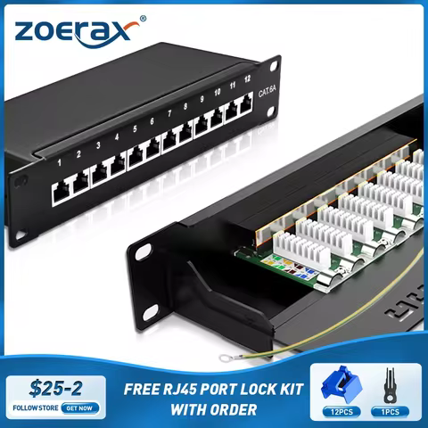 ZOERAX CAT6a 8-Port Patch Panel 10Gbps Shielded Metal Network Panel 1U Rack/Wall Mount Compatible wi