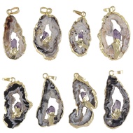 Natural Geode Pendant Agate Rough Stone Edge Inlaid Amethyst