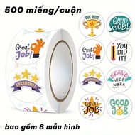 Roll of 500 English Reward Stickers for Children - Cute Animal Stickers "Great Job" for Students & T
