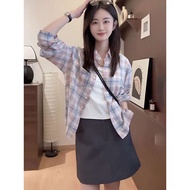 cotton blouse top women Baju pelindung matahari kotak-kotak wanita musim panas nipis Korea lelaki ke