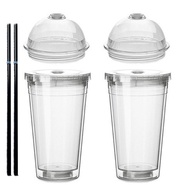 TEASCAFE DIY 雙層冷水瓶 + 2種瓶蓋 平底和圓頂 + 2隻吸管組合  透明色  530ml  1組