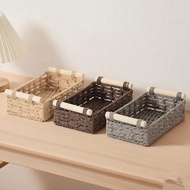 Hand Woven Paper Rope Storage Basket With Wooden Handle Rectangular Desktop Organizer Cosmetic Sundr