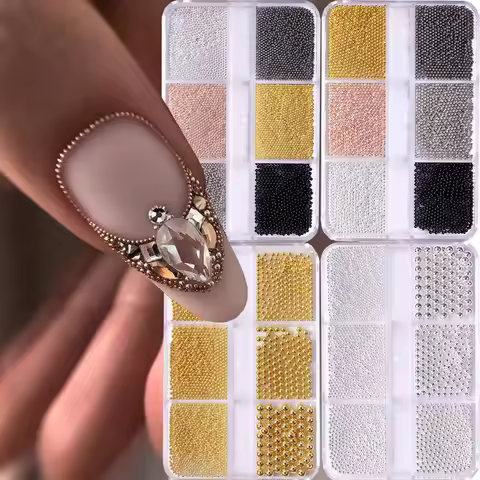 6Grids/Box 0.8-3mm Caviar Beads Nail Decoration Gold Silver Black Mini Steel Ball Nail Charms DIY Ch