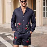 2pcs/Set Men's Casual Embroidery Printed Shirt, Daily/Commute Wear, Summer Flower Shirt For Men Men 