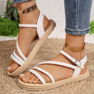 Lightweight White Flat Sandals for Women Summer 2025 Weave Ankle Strap Gladiator Sandals Woman Comfo