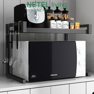 NETEL Microwave Oven Rack, Expandable Carbon Steel Microwave Shelf Kitchen Counter Shelf 3 Hooks