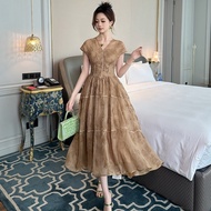 Ligáya  2024 Summer New V-neck Cinched Waist Print Dress Seaside Holiday Long Dress 21273