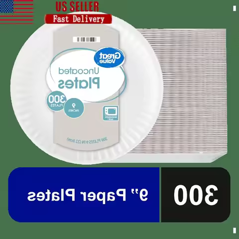 Uncoated Paper Plates Disposable 9 Inch Round Microwave Safe Leak Resistant 300 Count Strong Durable