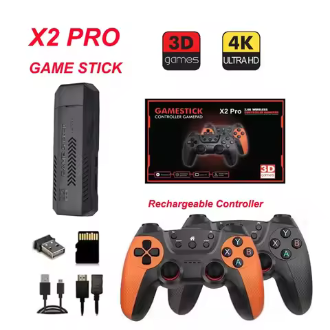 X2 Pro Retro Game Console Stick 4K 3D Wireless Controllers HD Output Rechargeable Controller 64G/128