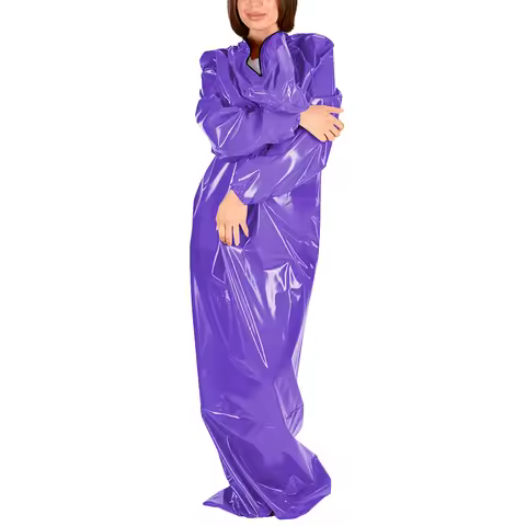 Glossy Leather Long Sleeve Hooded Bodysuit for Womens Wetlook Bondage Body Sack for Club Party Festi