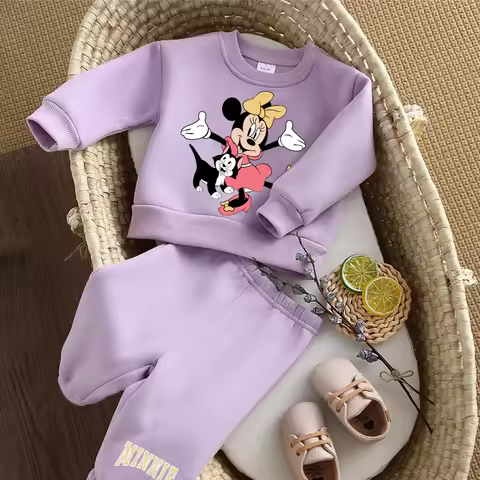 Warm Fleece Lined Baby Suit Cartoon Printed O-neck Sweatshirt + Pant 2Pcs Kids Boy Girl Clothes