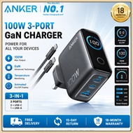 Anker New B121B (100W) 3-Port GaN&Ultra-Compact Wall Adapter, Smart Display and Touch Control, For M