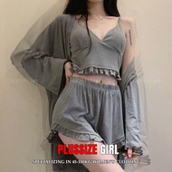 【M-5XL】大码女装 加大码200斤可穿 韩版2023新款居家 睡衣套装女棉质大码居家服吊带宽松三件套纯色夏季 套装女大码显瘦两件套 夏季女裝套裝 plus size One set women k
