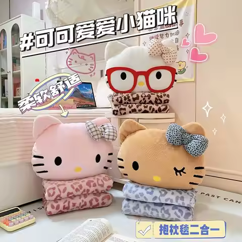 Leopard Print Hello Kitty 2 in 1 Flannel Blanket Multifunctional Throw Pillow Office Nap Cover Blank