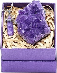 Namzi Amethyst Crystals with Amethyst Wand Necklace, Amethyst Clusters, Amythestyst Crystals, Purple Crystal, Amathesis Crystal, Raw Amethyst Stone, Natural Amethyst Geode, About 0.2 Lb