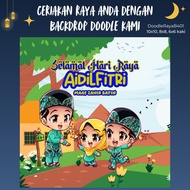 Backdrop RAYA DOODLE 4 Tema Kampung / Hiasan Rumah Terbuka Raya di Pejabat, Sekolah, Rumah