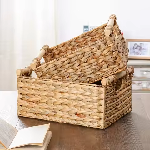 Woven Storage Box Handle Kitchen Sundry Organizer Laundry Basket Rectangular Closet Organizer Kitche