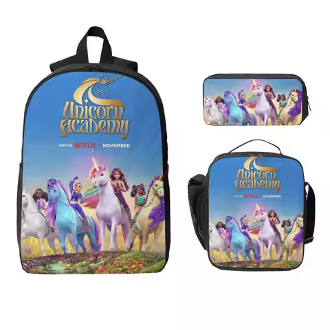 Unicorn Academy Backpack Boys Girls BookBag School Bag Computer Shoulder Bags 3ps Insulated Lunch Ba