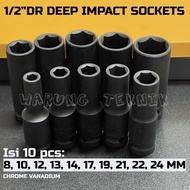 BRANO 10 PCS 1/2"DR 6PT DEEP IMPACT SOCKETS SET - LONG IMPEK SOCKET WRENCH SET OF 10 PCS 1/2 INCH DR