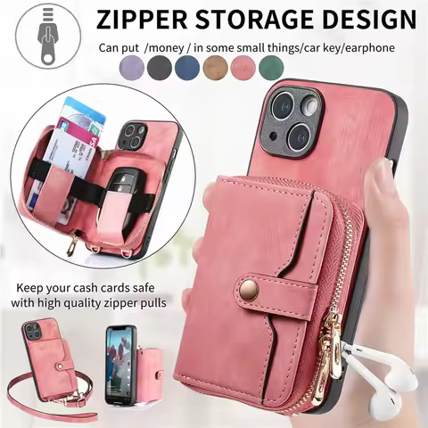 Lanyard Leather Zip Wallet Card Phone Case For XiaoMi 15 14T Pro 13 13T 12 12T 11 11T 10 10T POCO X7